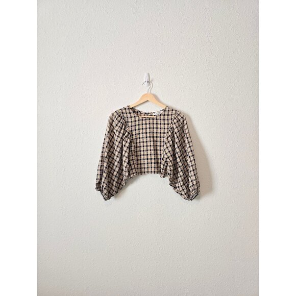 NEW Hyfve Neutral Checkered Puff Sleeve Crop Top S - Picture 2 of 8